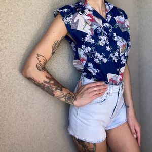 Sleeveless Vintage Japanese Navy Floral Button-Down Shirt